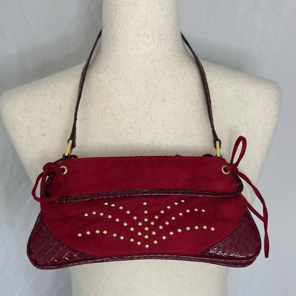 Deborah Lewis Vintage Red Suede Shoulder Bag Studded - Picture 1 of 12